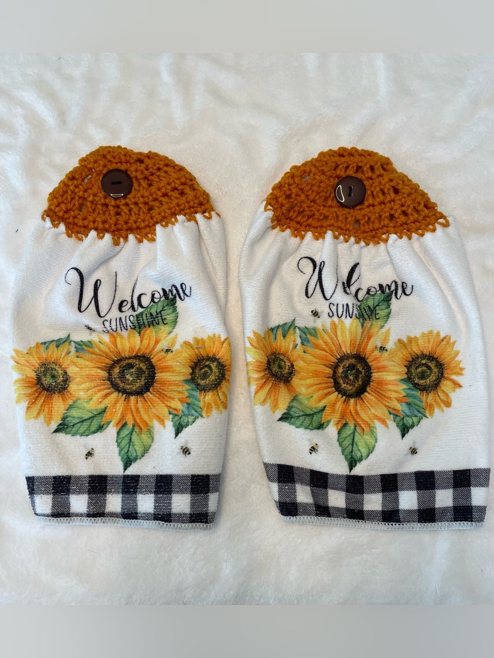 Handmade Sunflower Welcome Hanging Kitchen Towels with Crocheted Top Set of 2.